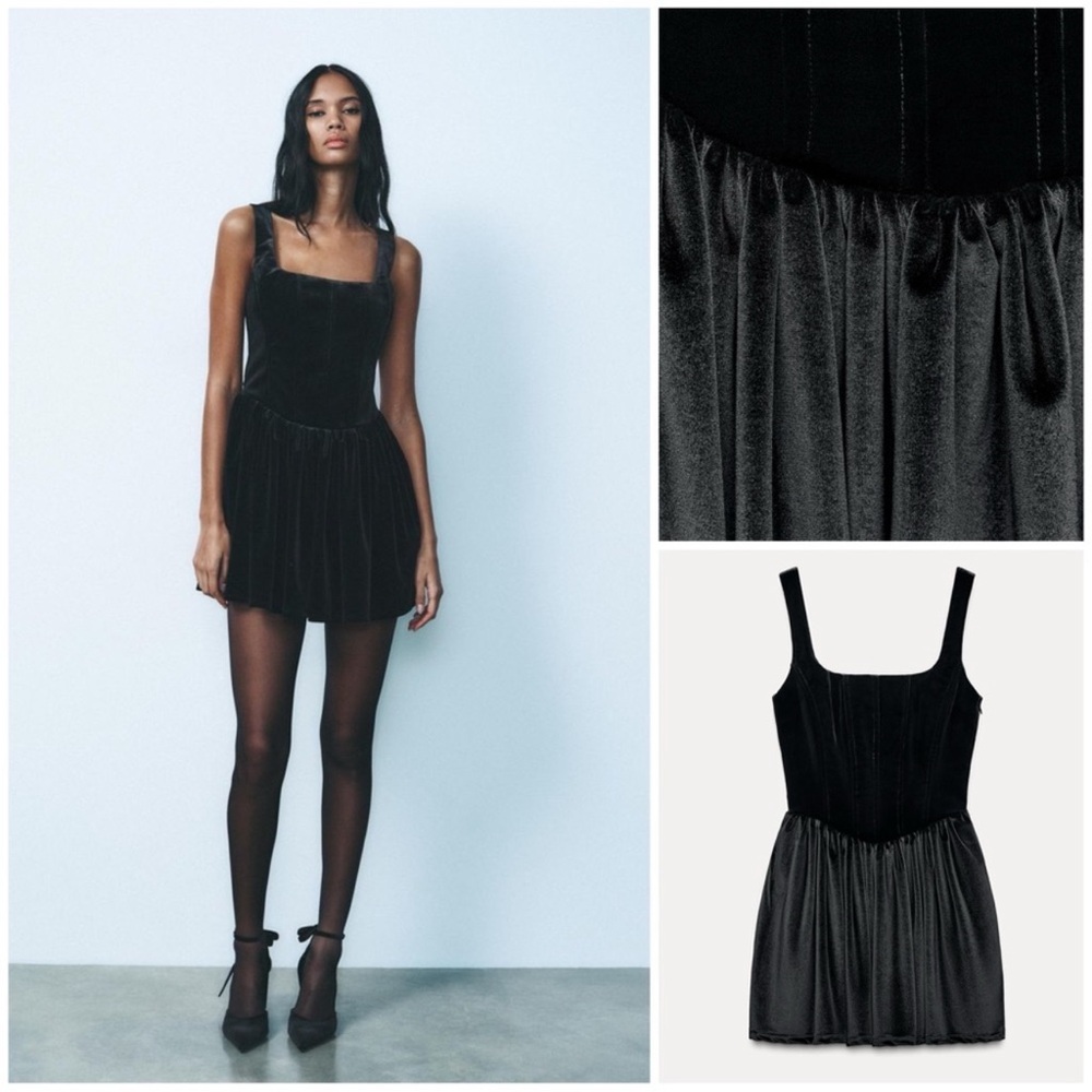 NWT Zara Black Velvet Corset Square Neck Mini Dress.